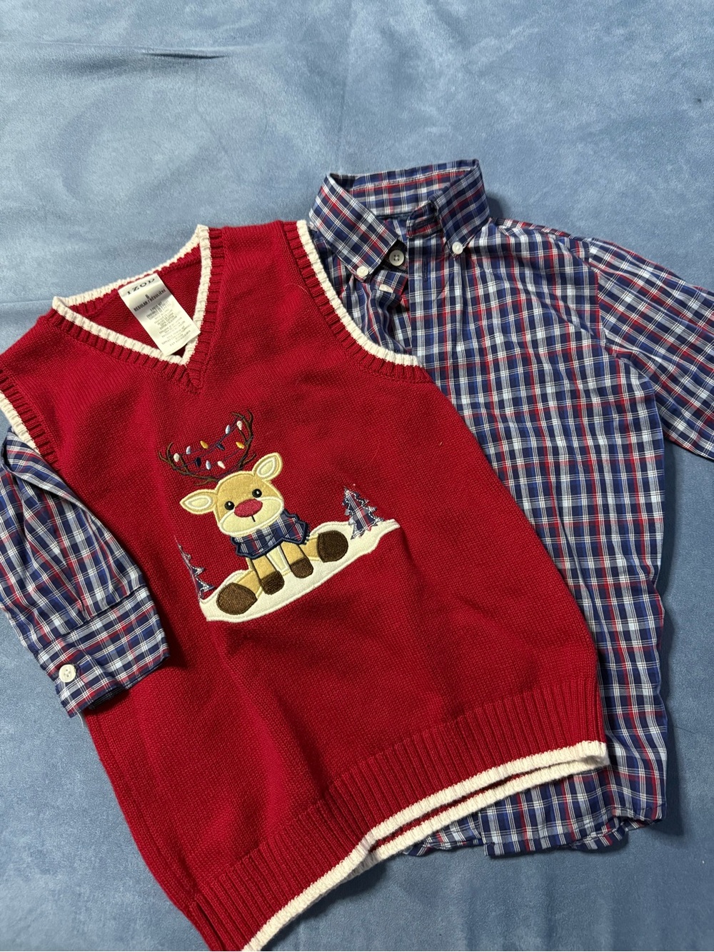 Izod Red Sweater Vest with Blue Plaid Button-Down